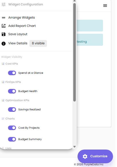 Widget Configuration panel with category groups and toggles