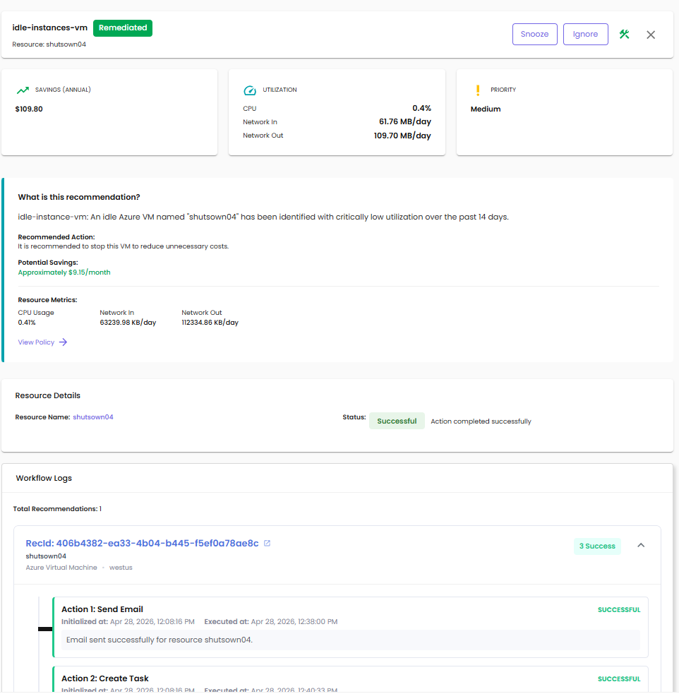 Recommendation details panel
