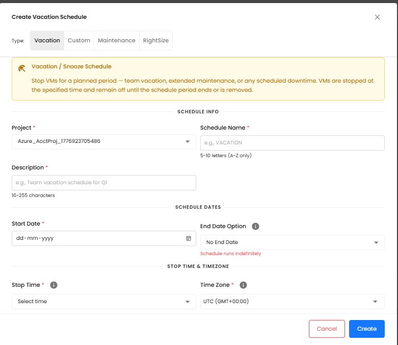 Create Schedule dialog