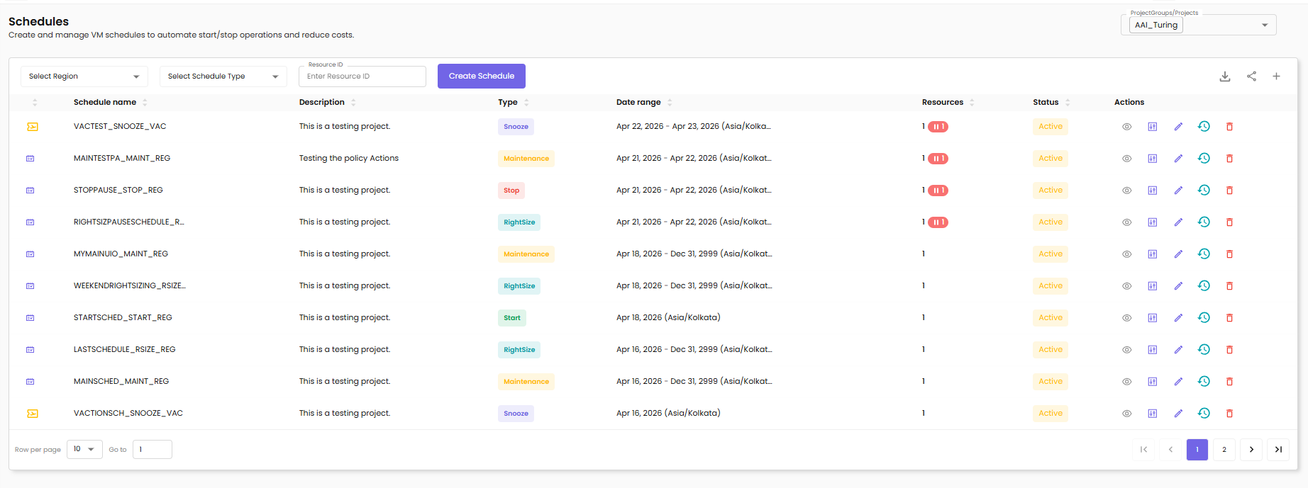 Schedules screen
