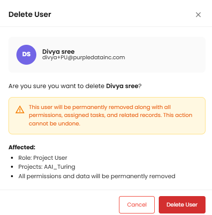 Delete user confirmation