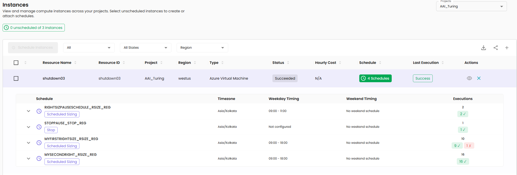 View logs — schedules attached to the instance