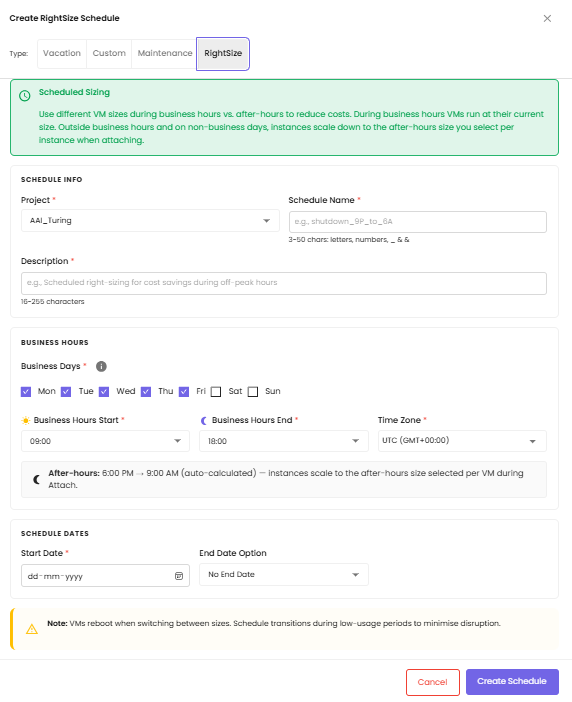 Create RightSize schedule