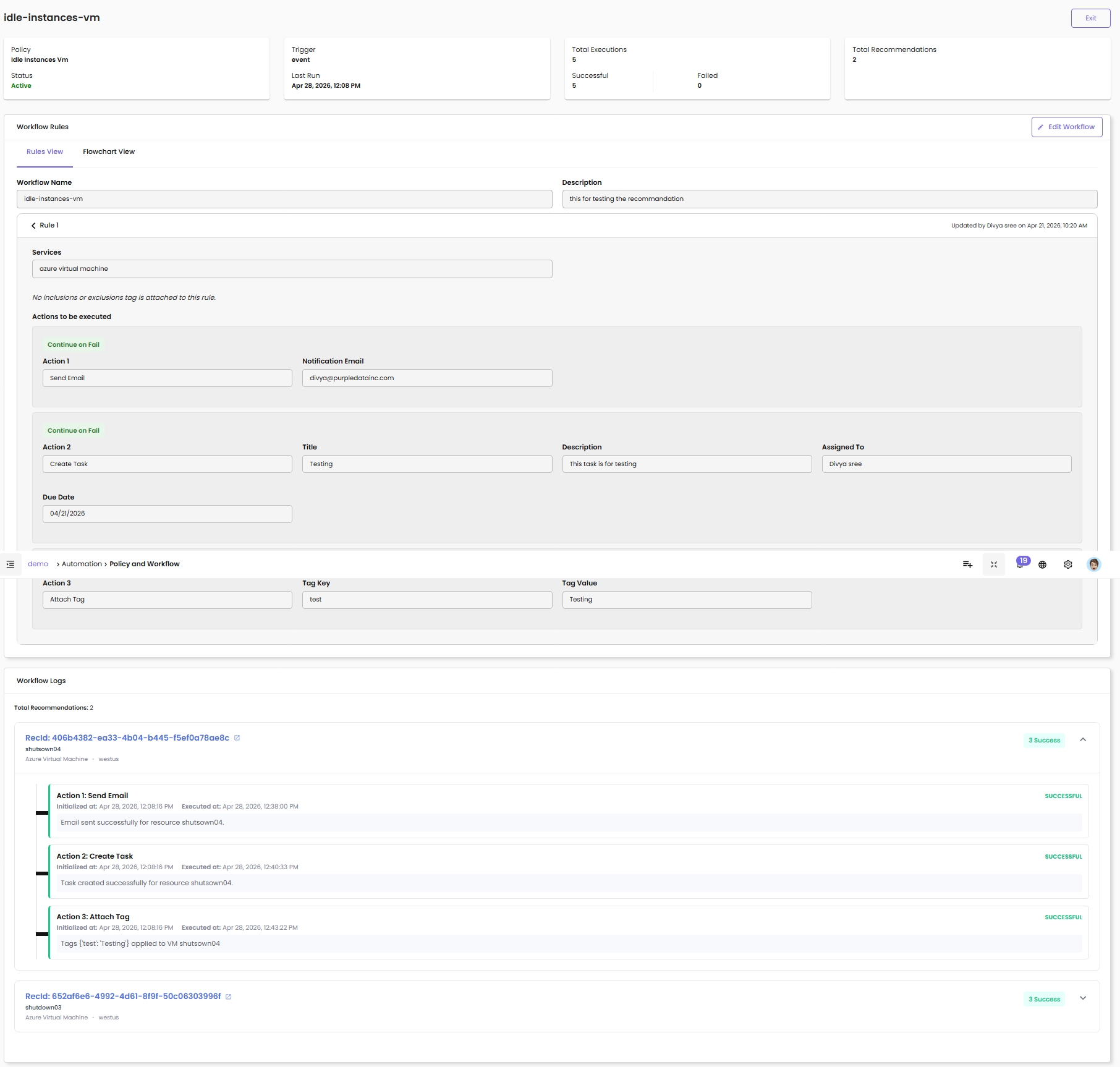 Workflow detail page — KPI cards, Workflow Rules, Workflow Logs